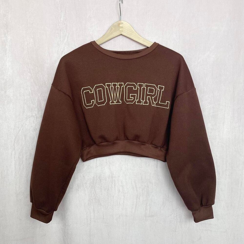 Upcycled Cowgirl Brown Crop Crewneck Sweatshirt, Size S/M